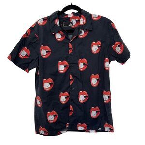 Lost Mens Shirt Small Short Sleeve Button Up‎ Black Lips Ice Graphic Print Y2K